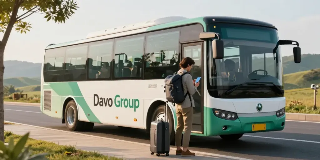 Transport Moldova Olanda cu Davo Group, călător la un autocar modern pe un peisaj verde.