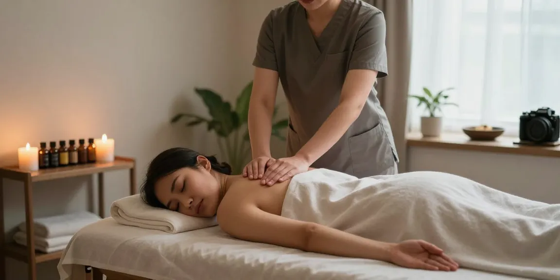 마사지 받는 고객과 마사지 치료사, 아늑한 스파 환경에서 편안한 순간