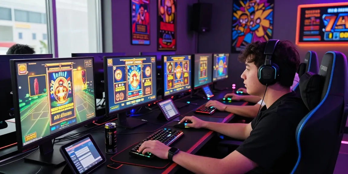 Engaging online gaming setup featuring slot gacor games, vibrant LED lights, and focused gamer immersed in action.