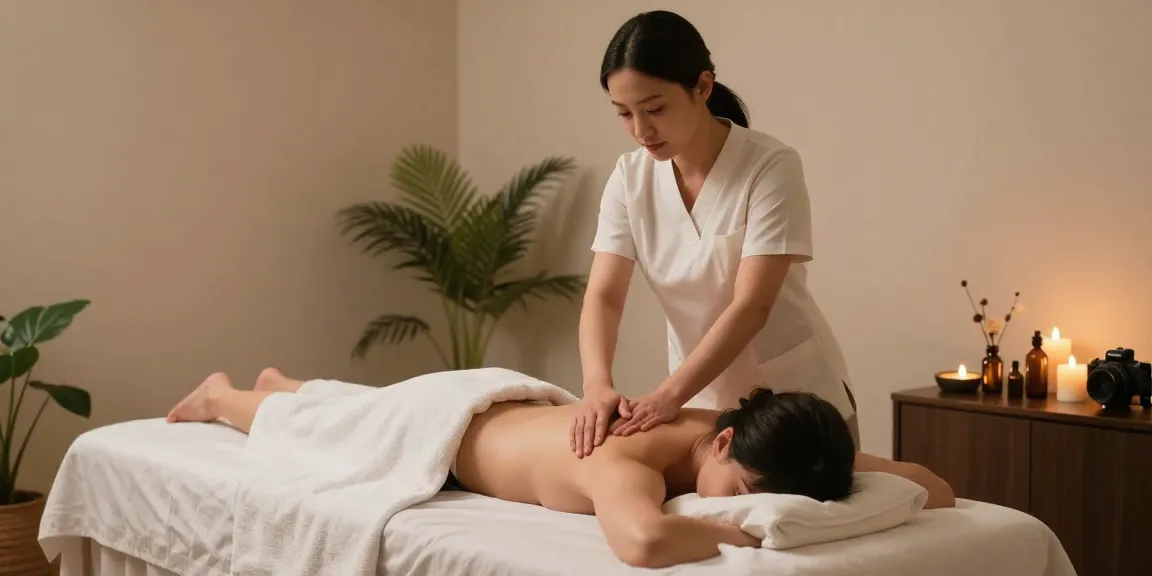마사지가 진행 중인 편안한 스파 룸, 아로마 오일과 촛불로 장식된 치유의 순간