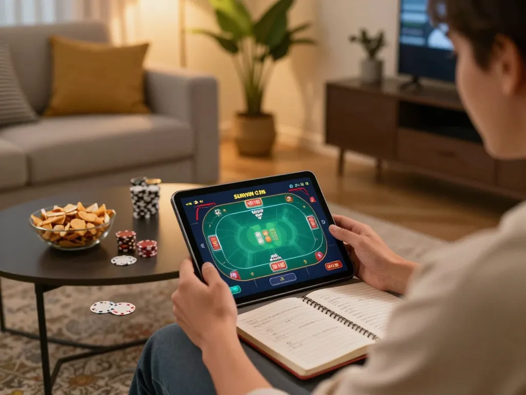 SUNWIN gaming experience in a cozy home setting, showing a player engaged in online casino gaming on a tablet.