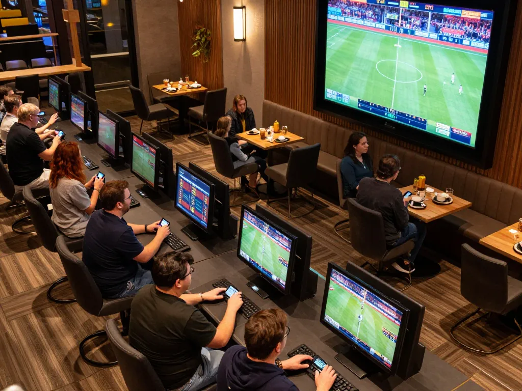 Place bets at fb88 online sports betting terminal in a lively lounge atmosphere.