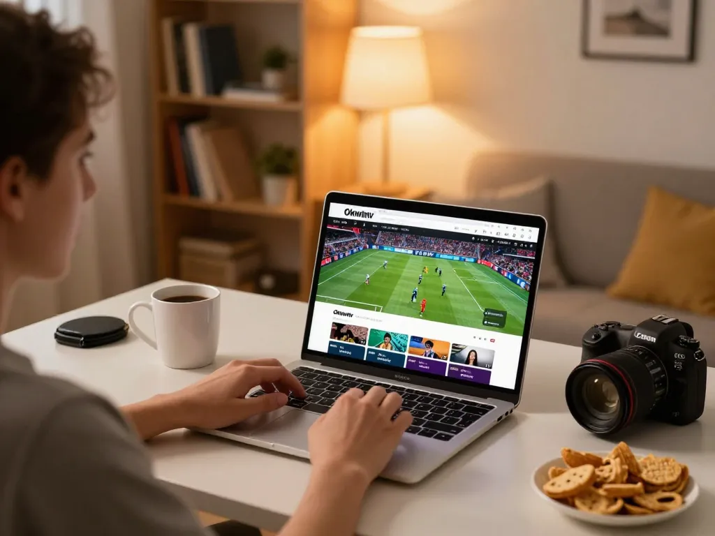 Player enjoying Okwintv online sports streaming at home with snacks and coffee.