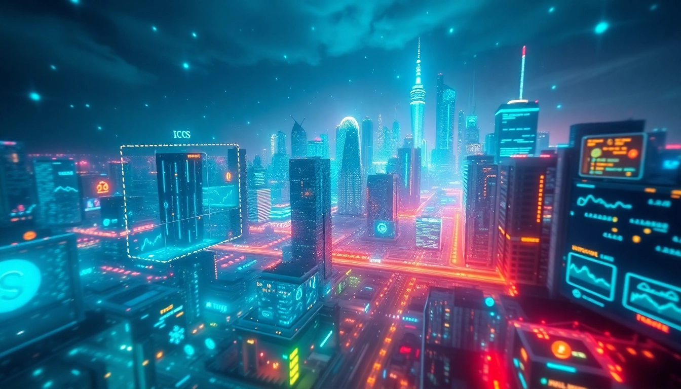 ICO digital landscape showcasing vibrant blockchain and financial charts.
