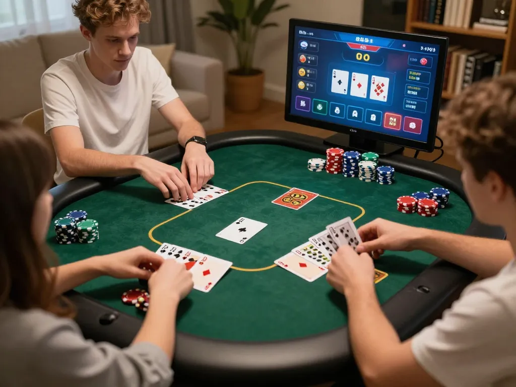 Hitclub players strategizing in an online poker game with vibrant colors and a cozy home setting.