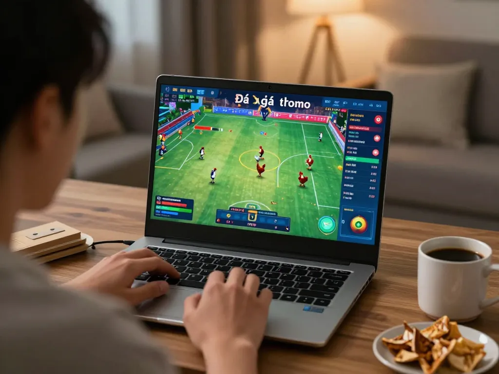 Engaging in Đá gà thomo online betting on a laptop with live match display at home.