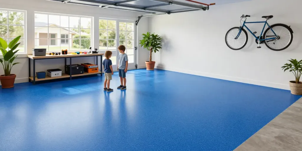 ElevateEpoxyFlooring.com features vibrant blue epoxy flooring in a garage with family inspecting its shine.