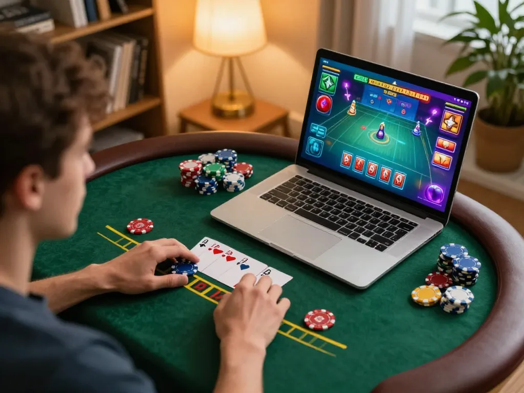 Player enjoying a strategic game of blackjack at 888slot, engaging with chips and gameplay graphics.
