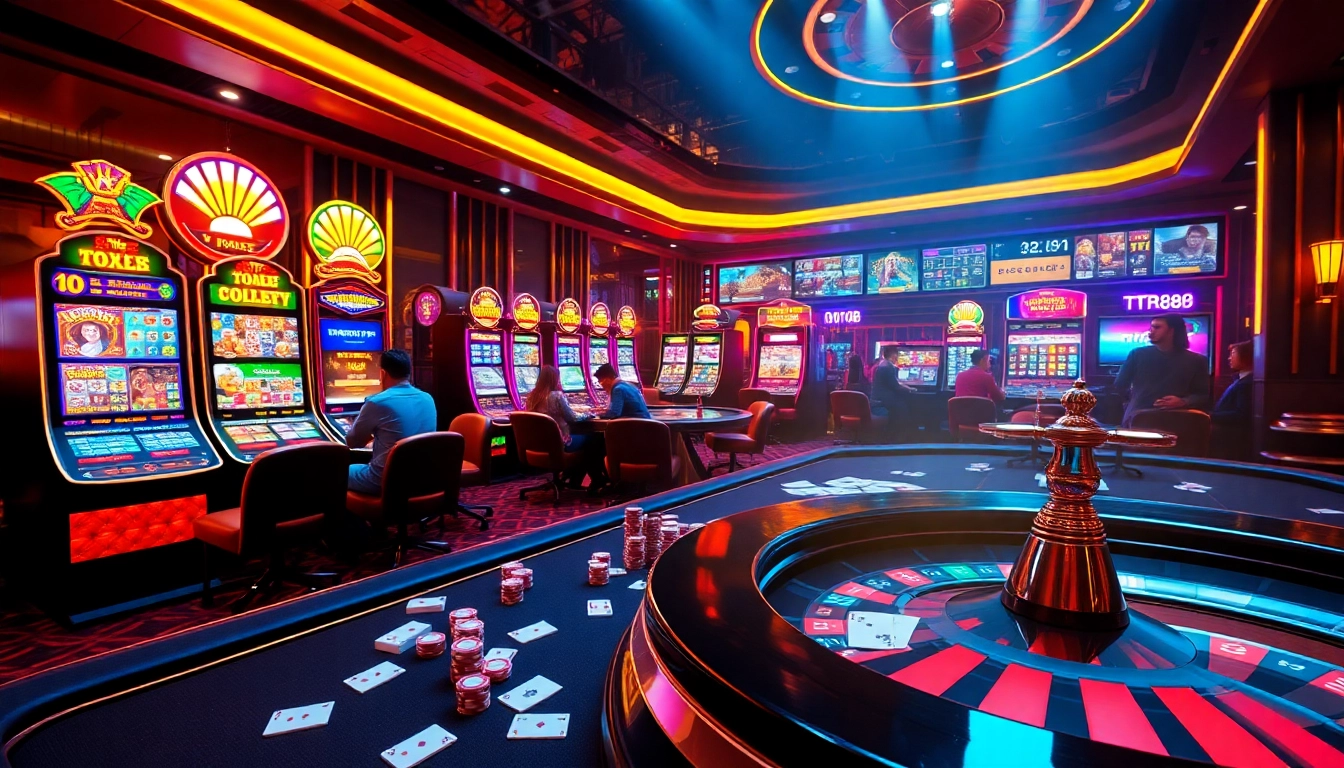 Engage with TR88 APP at a vibrant online casino featuring exciting tables and spinning slot machines.