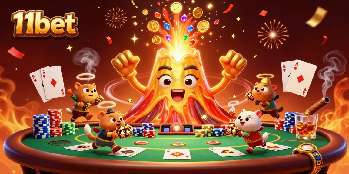 Experience thrilling wins with 11bet as golden treasures erupt from a volcano in this exciting casino illustration.