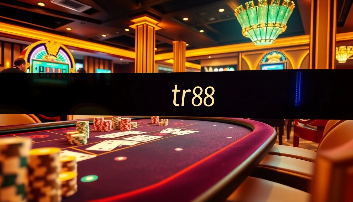 Experience thrilling gameplay at TR88 casino with vibrant gaming elements including cards and slot machines.