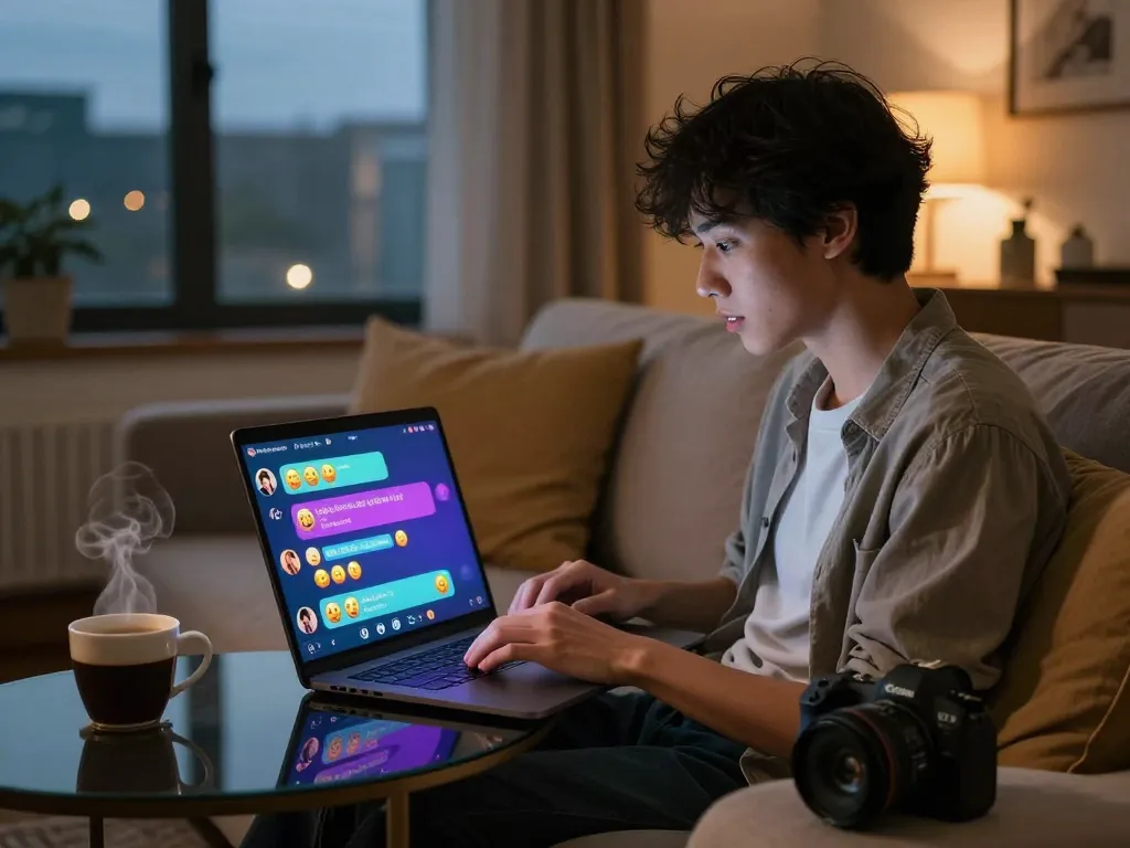 Engaging spicy chat scene on a laptop in a cozy living room.