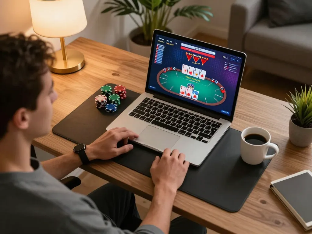 Online gambling scene featuring winstrike69 poker game interface on a laptop in cozy home office.