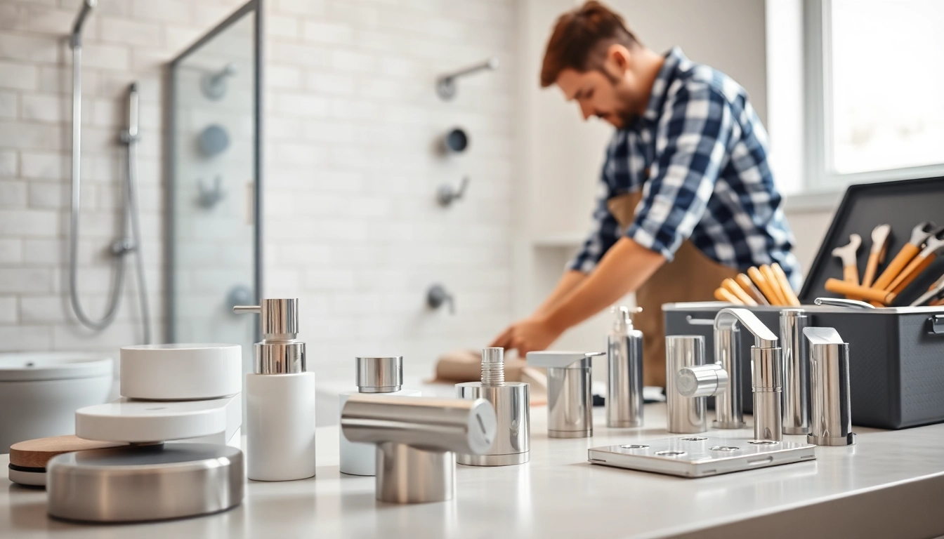 Handwerker bei der Arbeit mit sonni sanitär GmbH Produkten in einem modernen Badezimmer.