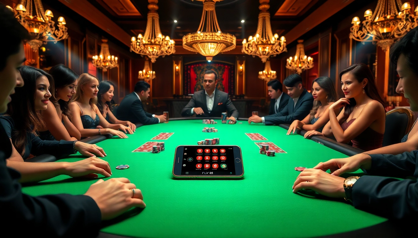 Experience the FLY88 App in a luxurious casino setting featuring high-stakes poker action.