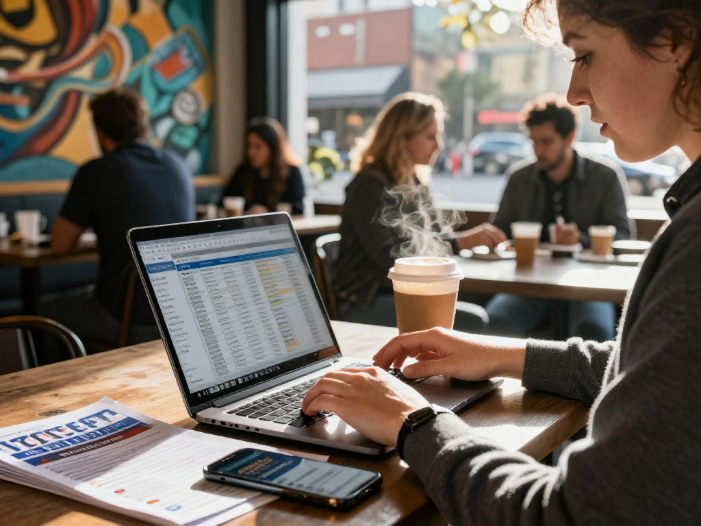 Candidate self research while reviewing voter data in an urban cafe.
