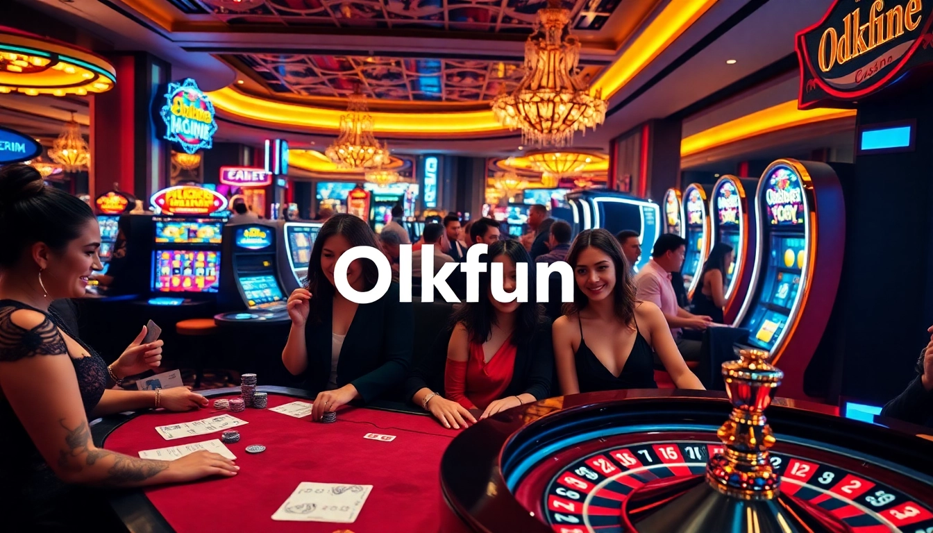 Okfun gamblers engaging joyfully around poker tables and vibrant slots, capturing casino excitement.