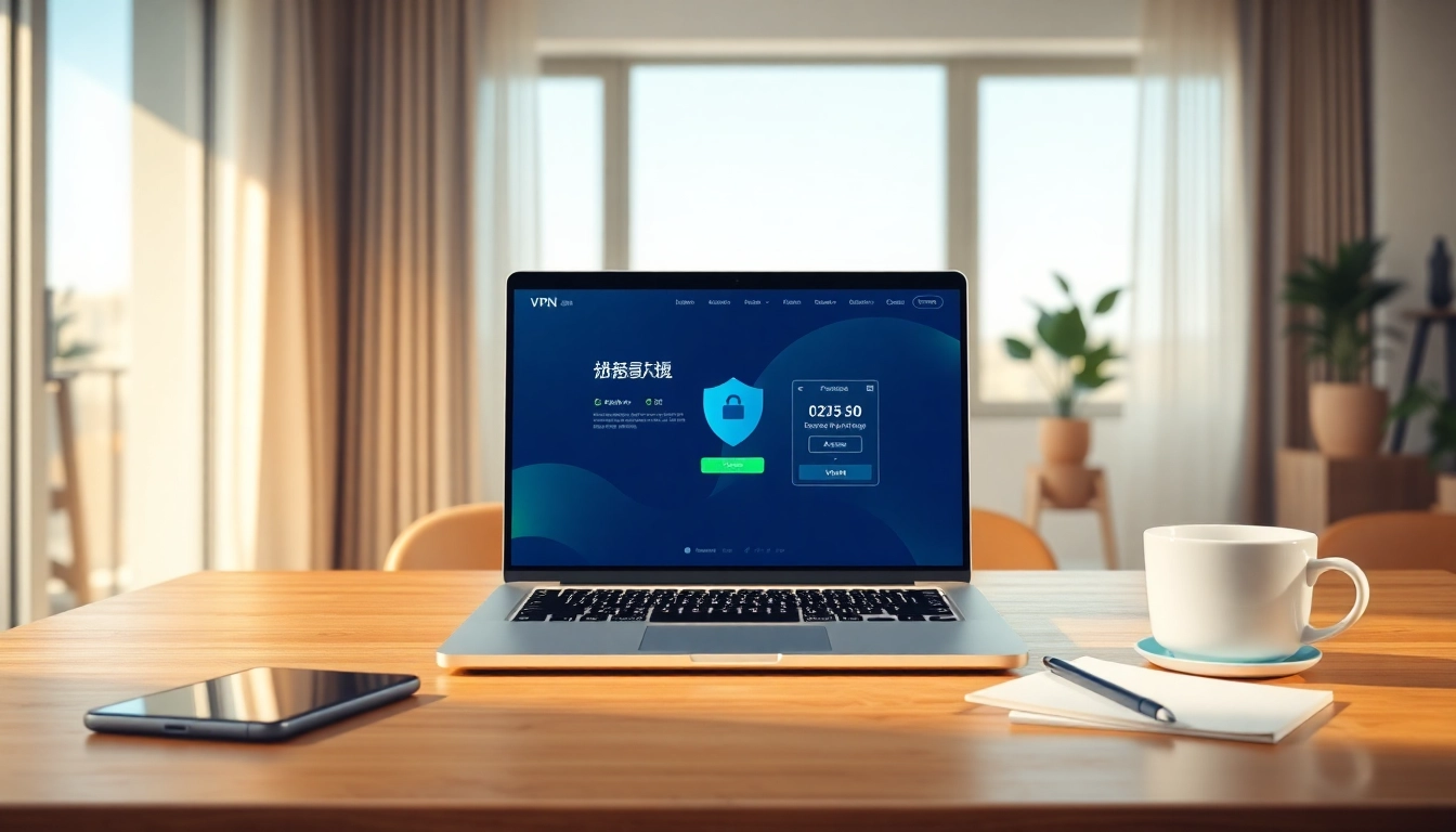 在明亮家庭办公室的现代笔记本电脑上展示的快连 VPN 界面，展现安全连接。