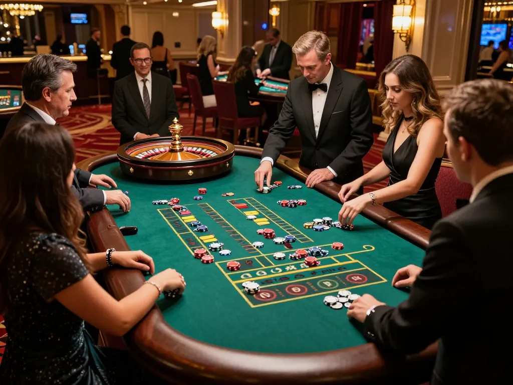 Engaged players at a DH88 game roulette table, excitement as bets are placed in a vibrant casino atmosphere.