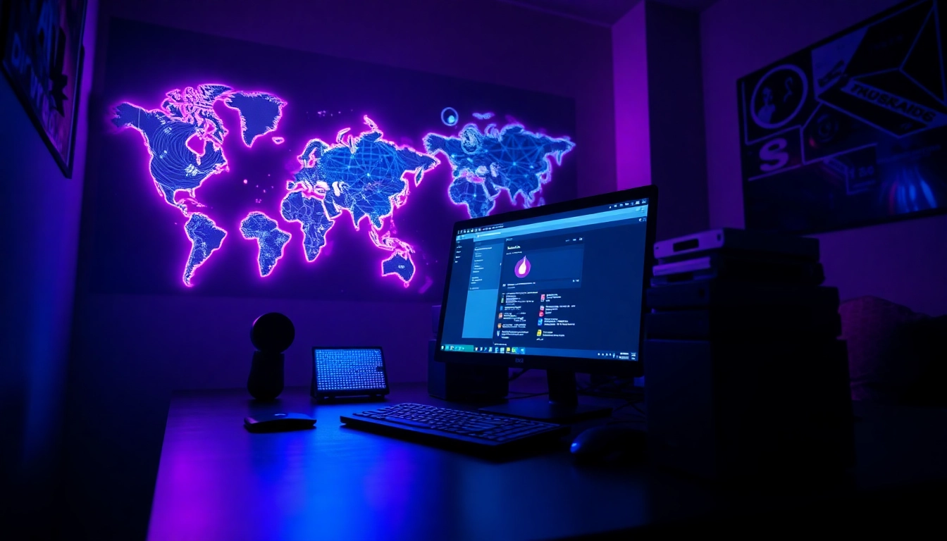 Immersive view of a computer displaying hidden wiki 1 on the dark web with neon lights.
