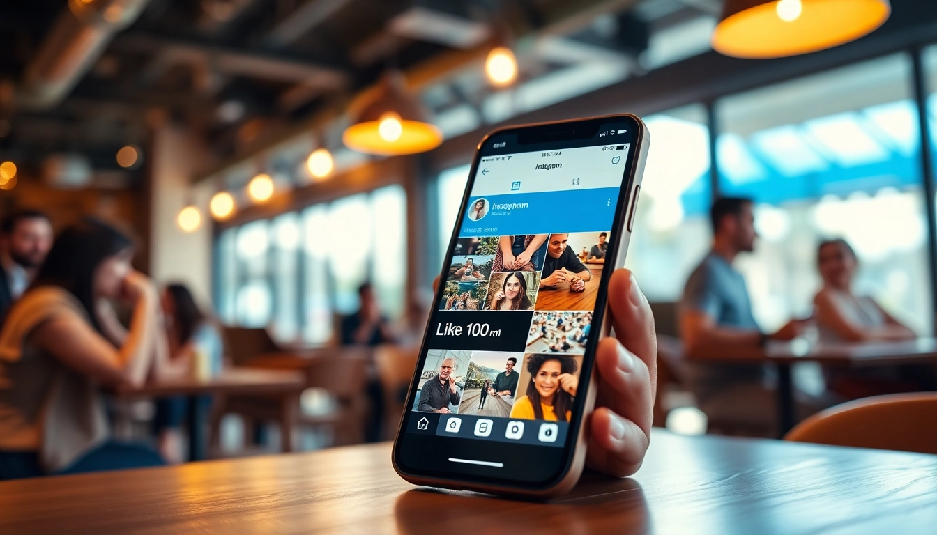 インスタ いいね 購入を促進するスマホのスクリーンと色鮮やかなカフェの場面。