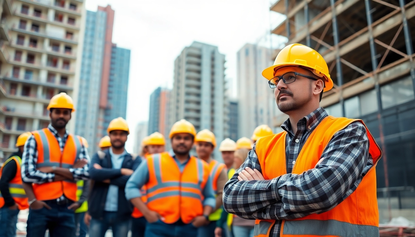New York Commercial General Contractor overseeing a diverse construction team at a bustling site.