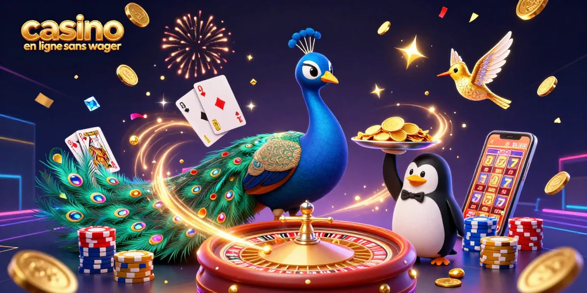 Jouer à casino en ligne sans wager avec un paon élégant et un pingouin portant des jetons d'or.