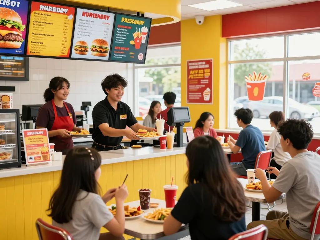 Fast food menu items displayed at a lively restaurant with families enjoying lunch together.