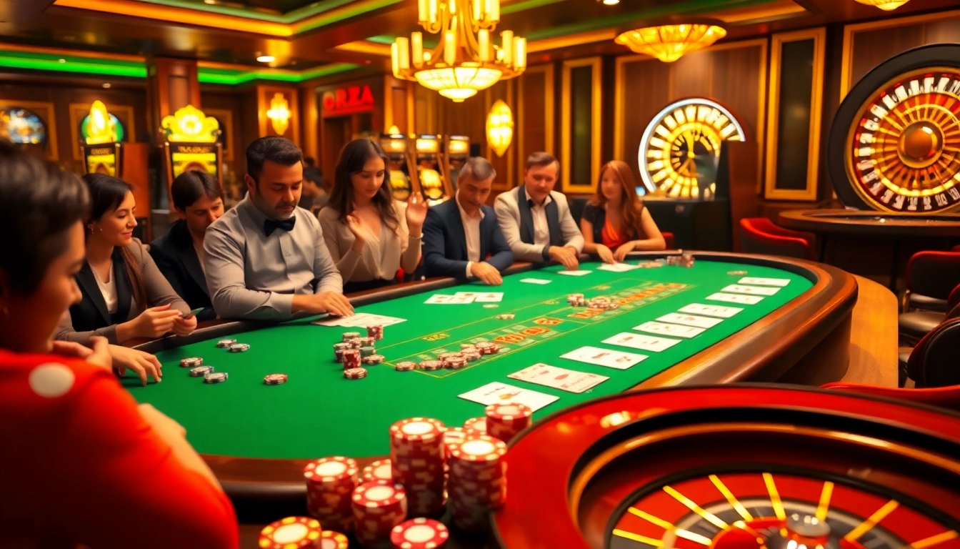 Experience the excitement of the Website Kết Quả Bóng Đá with a luxurious casino ambiance showcasing vibrant gaming elements.