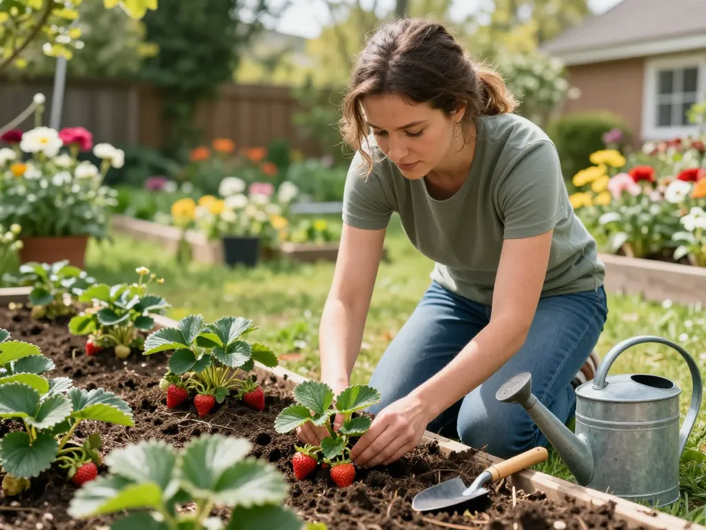 Planting aardbeienplanten kopen in a vibrant home garden with blooming flowers.