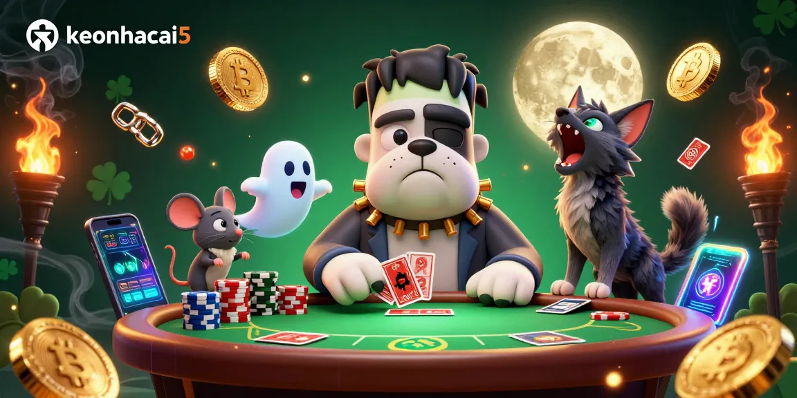 Engage with keonhacai5 at a spooky poker table featuring quirky characters and cryptocurrency elements.