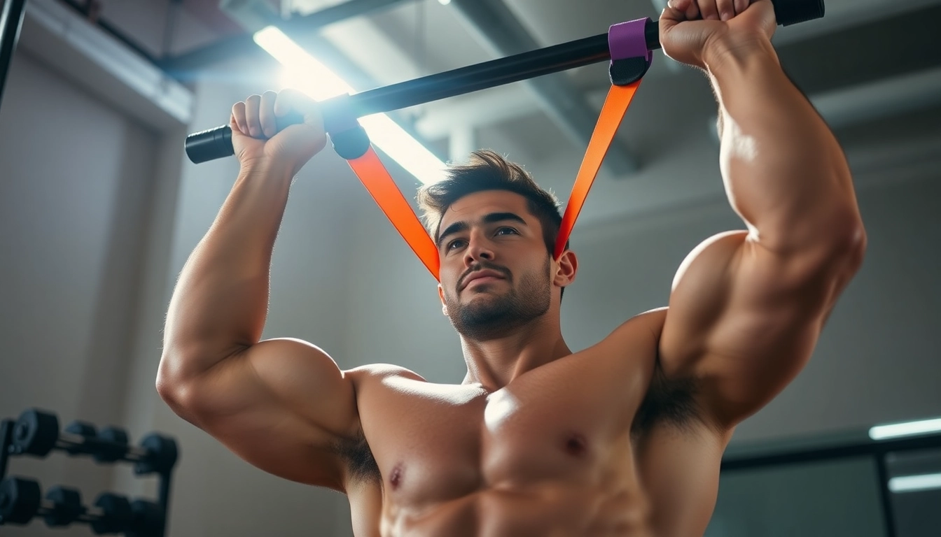 Individual using a pull-up assist band for strength training in a gym.