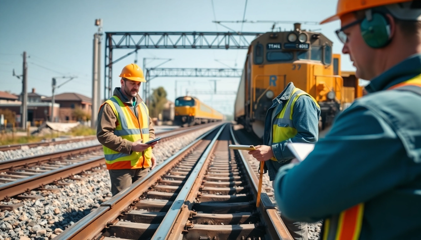 Track Inspectors Near Me assessing railway tracks with professionalism in a vibrant rail yard.