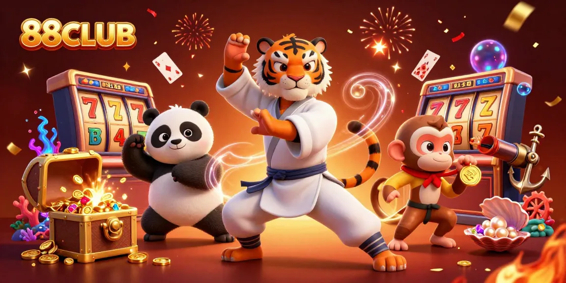 Engage in thrilling slots action at 88CLUB with dynamic characters and vibrant casino elements.