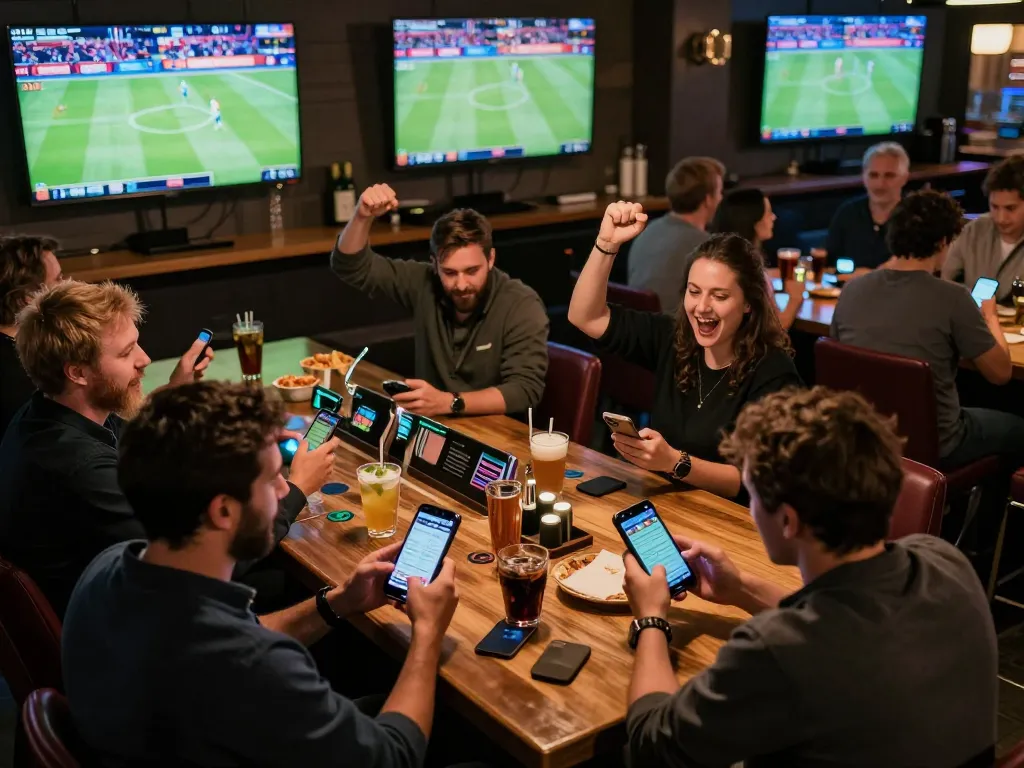 Engaged bettors celebrating wins on vipwin sports betting apps in a lively bar atmosphere.