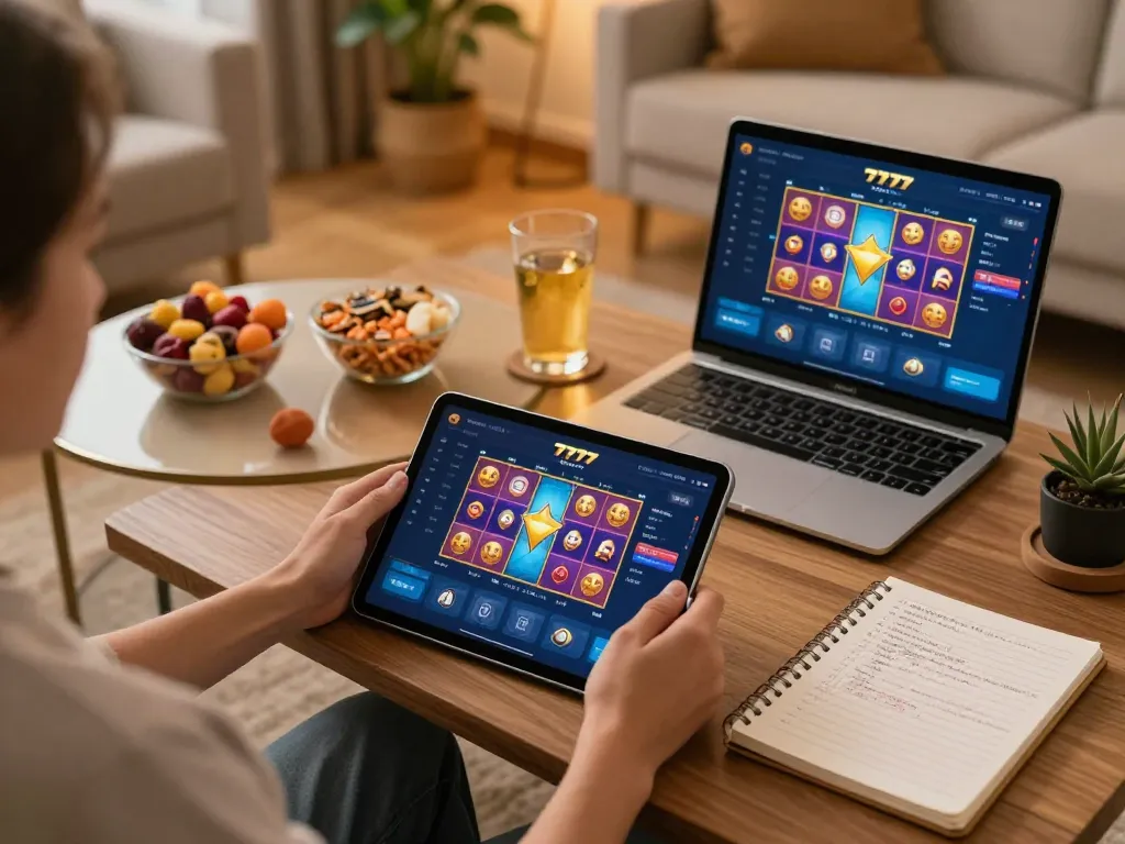 Engaging gameplay at home on slot777 gacor platform, showcasing vibrant tablet interface and comfortable setting.