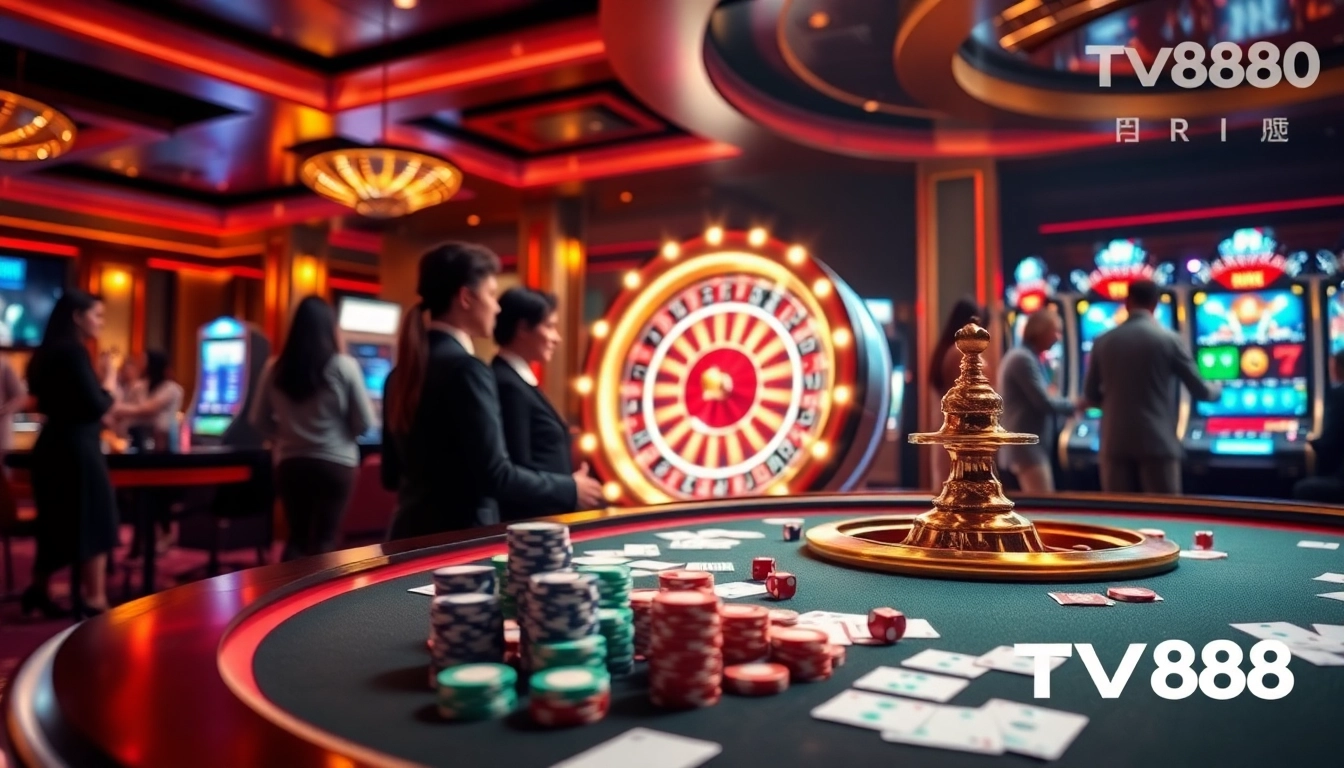 Players enjoying poker and roulette at TV88 casino, showcasing excitement and luxury.