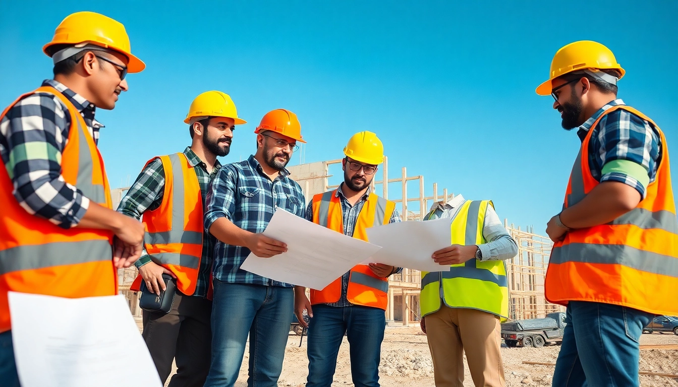 Team of diverse construction workers collaborating on-site in a construction association.