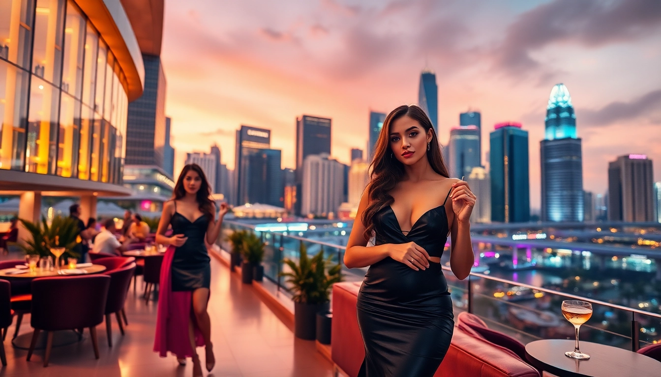 Singapore escort models in a luxurious cityscape setting at dusk, showcasing elegance and nightlife.