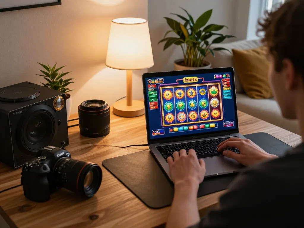 Engaging in fabet's online gaming platform, vibrant slot game interface displayed on laptop.
