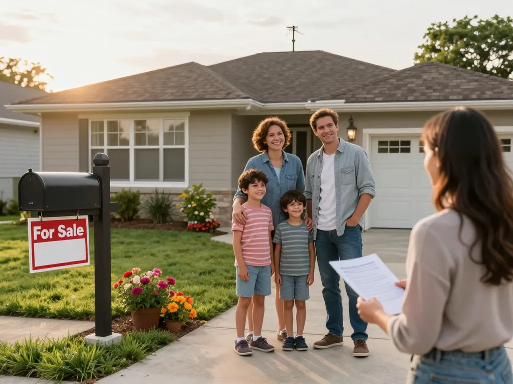 Family selling their home for fast cash for homes, smiling with real estate agent.