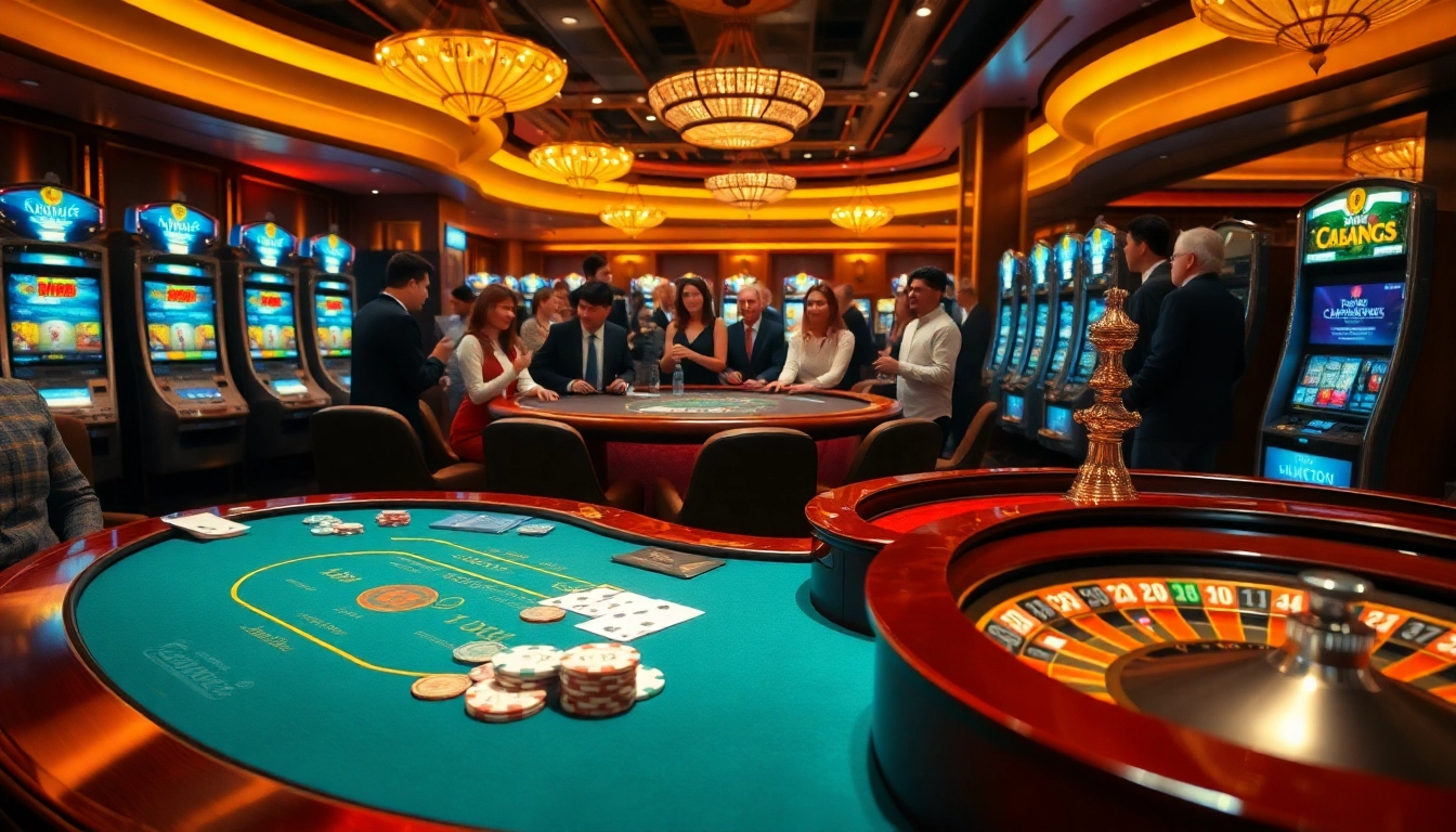Exciting game action at nhà cái thabet's luxurious casino featuring poker and roulette tables.
