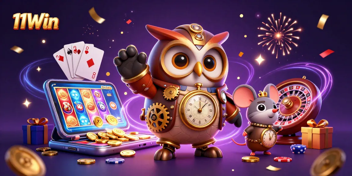 Spin slot games and win big with 11Win's vibrant casino-themed digital illustration.