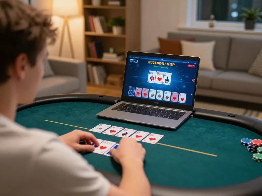 Thabet player strategizing during online poker session on a laptop in a cozy home environment