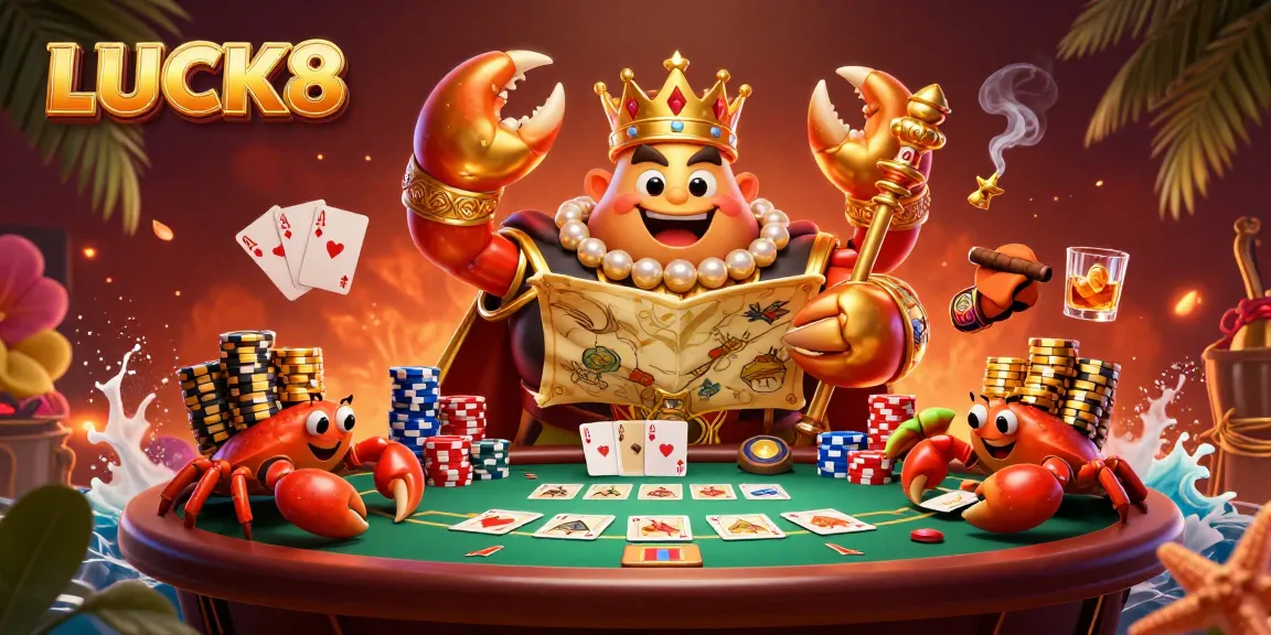 LUCK8 offers an exciting poker scene with a golden crab emperor and vibrant game elements.