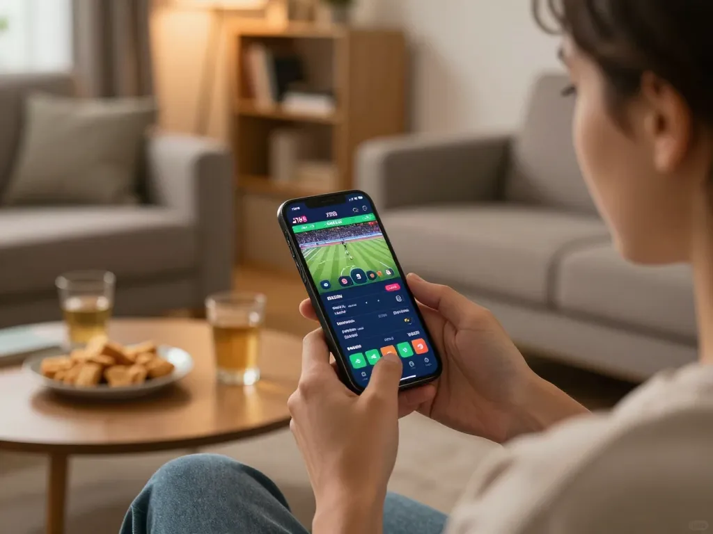 Engaging with the J188 app for betting in a cozy home environment, showcasing a dynamic sports betting experience.
