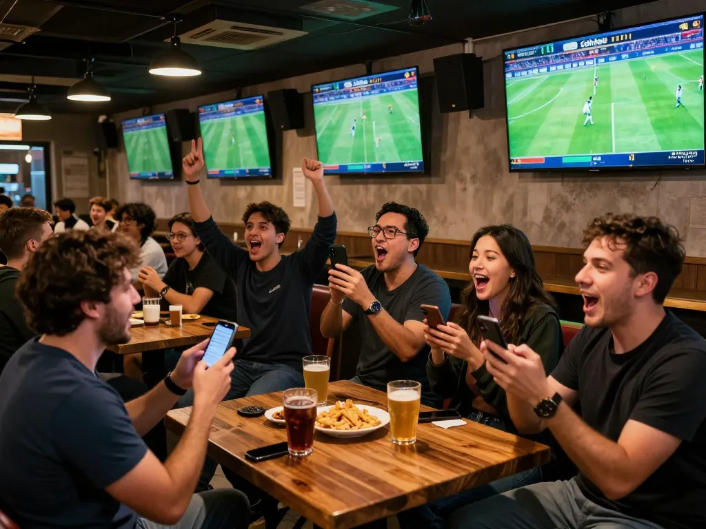Cakhiatv users placing bets while watching live football action in a vibrant sports bar.