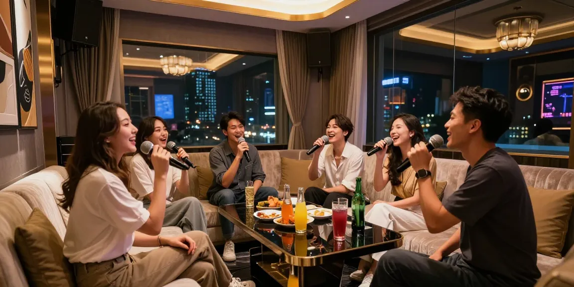 강남쩜오의 고급스러운 개인 노래방에서 즐거운 시간을 보내는 친구들