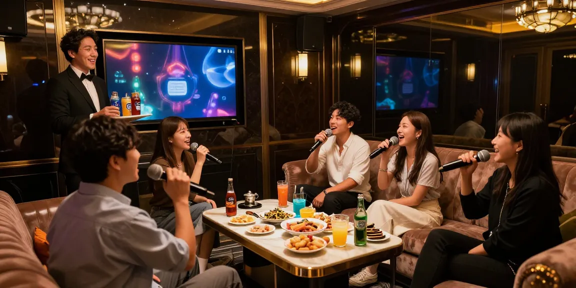 강남쩜오 프리미엄 가라오케 룸의 고급스러운 분위기와 친절한 접객 모습