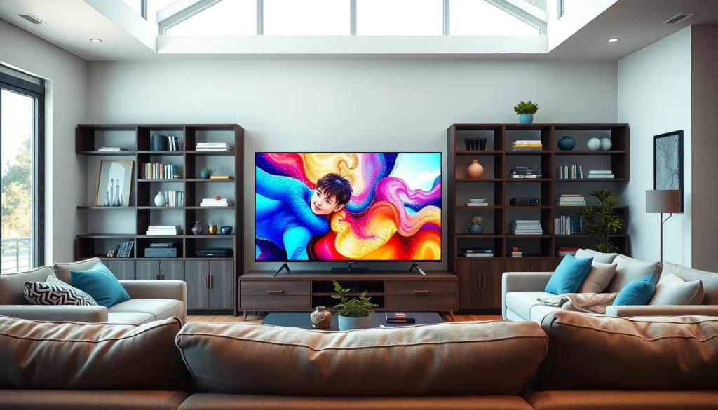 Engaging scene of a modern living room with iron tv as the centerpiece.